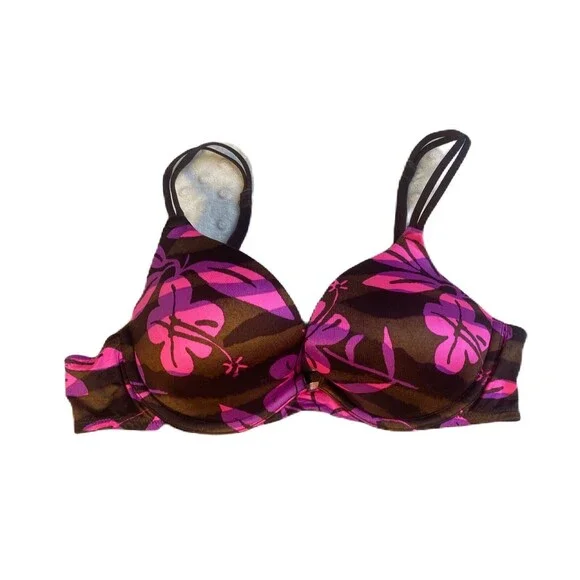 Victoria’s Secret Hibiscus Print Push-Up Vintage Y2K Brown / Pink -Size 34 B EUC - Picture 2 of 6
